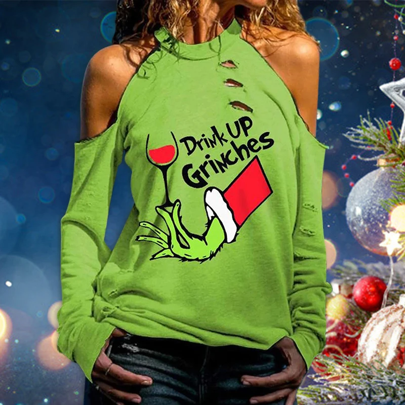

Green Pattern Print T-shirt Cutout Cold Shoulder Long Sleeve Sweatshirt Knitted Tops for Women TC21