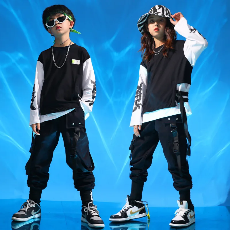 Hip Hop Jogger Tactical Cargo Pants Children Dance Costume for Girls Boys