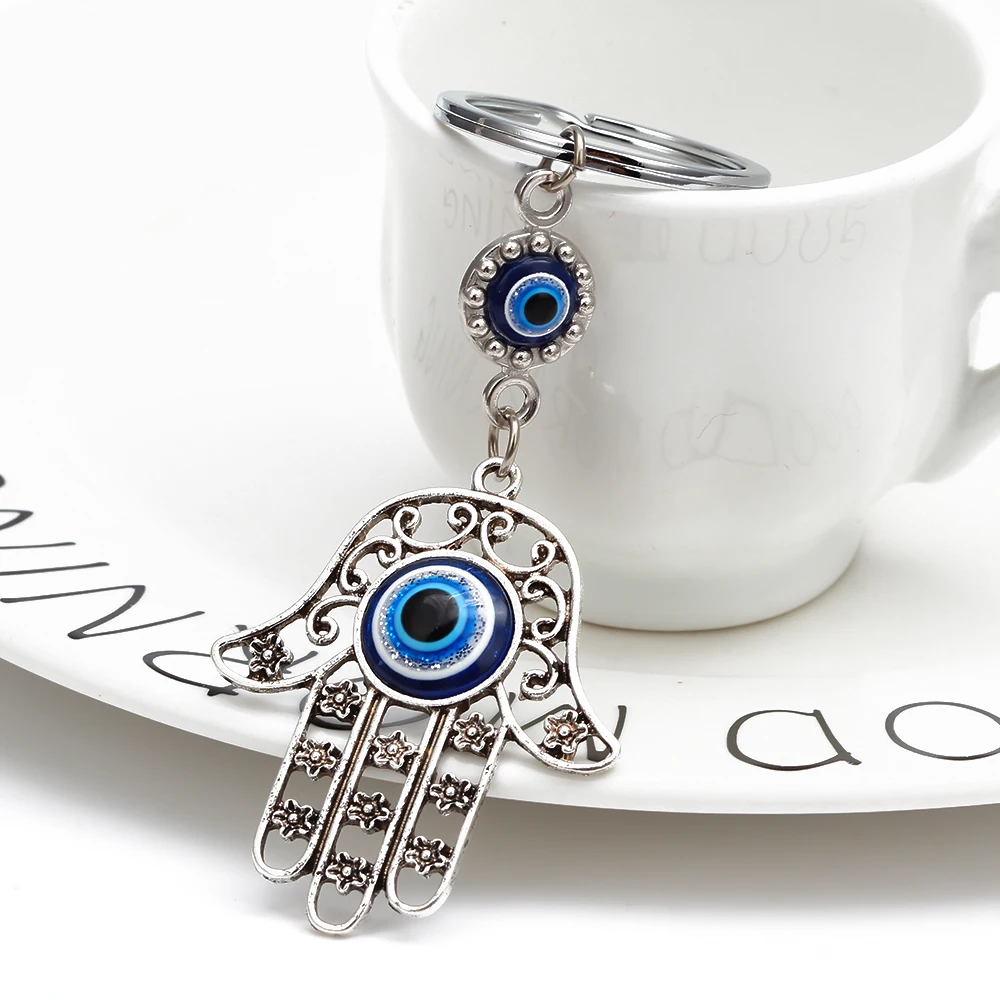 Повезло глаз турецкий синий бралет 'Злой Глаз' ключ цепочка серебристого цвета брелок сплав Полые ХАМСА брелок в виде руки ювелирные изделия для Для женщин Для мужчин EY6493