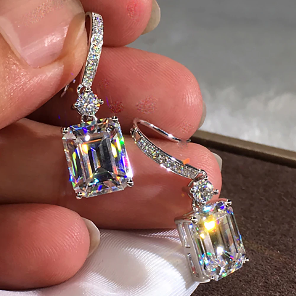 

Custom Solid 10K White Gold Women Drop Clip Earrings Hook Moissanite Diamonds Emerald Rectangle Wedding Engagement Anniversary