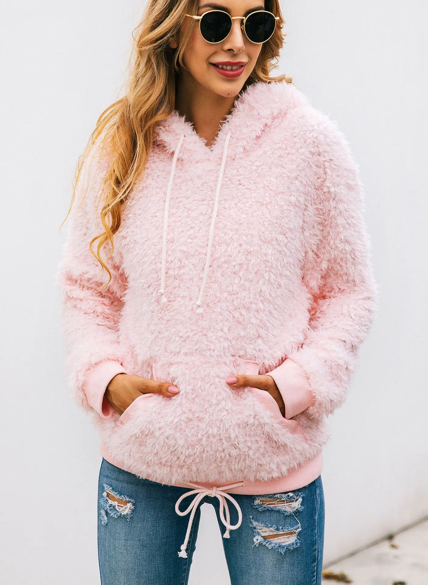 

Thick Warm Sweatshirt Women Autumn Winter Cloth V-Neck Hooded Solid Pockets Pullover Lace Plush Hoodies Casual Fashion Pink Top