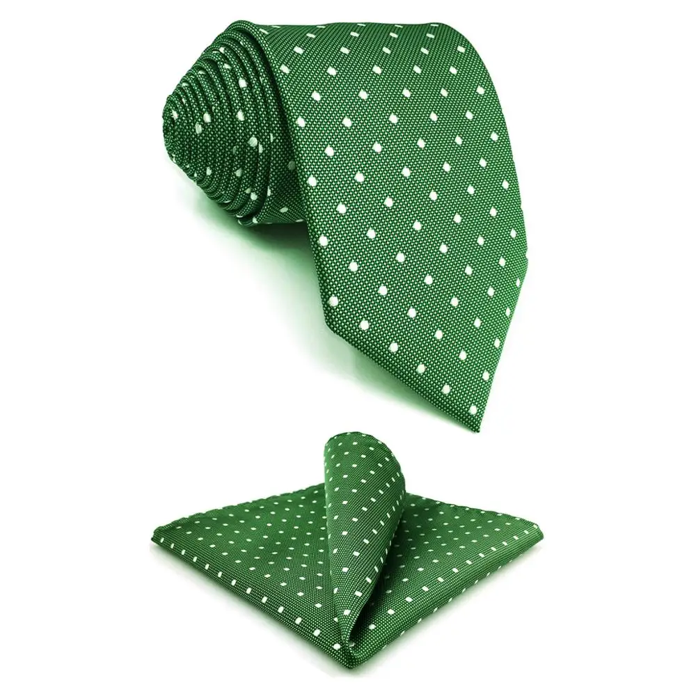 E21 Green Polka Dots Silk Mens Necktie Set Classic Fashion Ties for Male Brand New Accessory Hanky Extra Long Size
