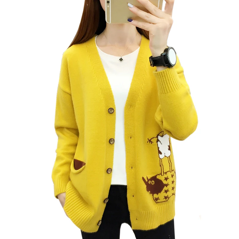 

Women Sweater 2019 Autumn and Winter Tops Casual Knitted V-Neck Cardigans yellow Embroidery Long Sleeve Sweater women