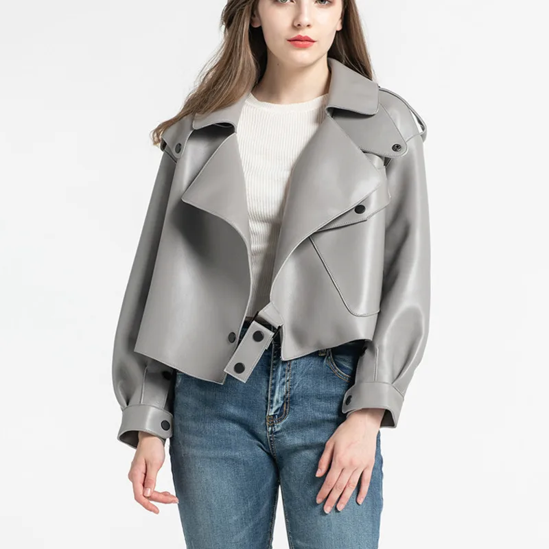 

DEAT 2019 Autumn Winter Gray Women Real Sheepskin Leather Jacket Top Quality Genuine Leather Coat Fashion Cropped Jackets MG628