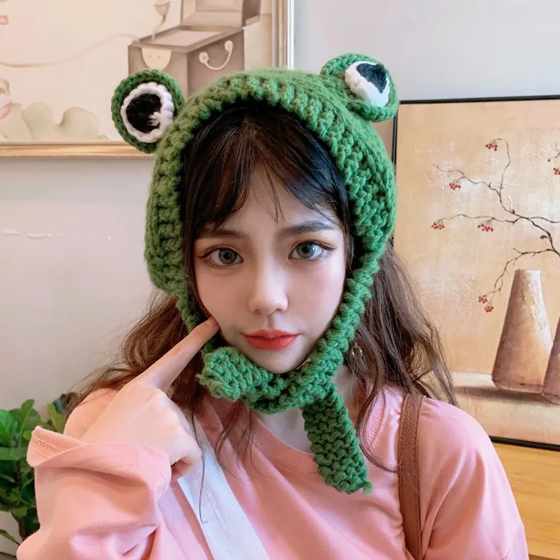 CFPacrobaticS Winter Fashion Girl Frog Eyes Solid Color Knitted Ear Cover Earmuff Hat Cute Head Warmer Xmas Birthday Gift Beige 