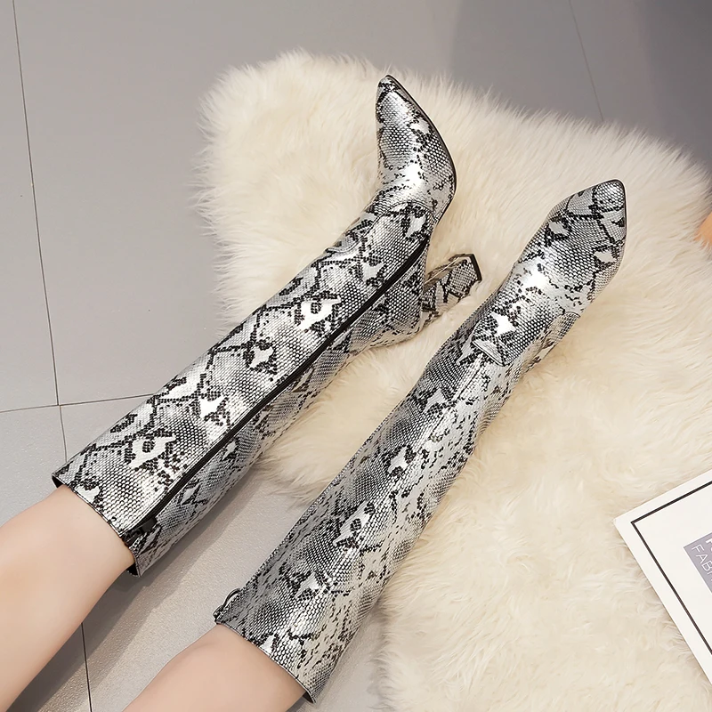 

Sexy Snakeskin Pattern Knee-High Boots Women Pointed Toe Chunky High Heels Zipper PU Leather Boots Woman Fashion Ladies Shoes