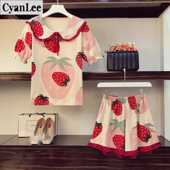

Summer 2020 New Fruit Print Cotton Pajamas 2 Piece Set Women Cute Peter pan collar Ruched Ruffle Strawberry Print Top+Shorts Set