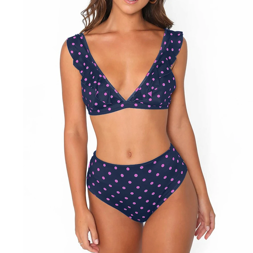 purper Купальник с разрезом, с оборками, в черный и белый горошек, из полиэстера, модная пляжная одежда для девочек, для плавания, сексуальная пляжная одежда для женщин, Sunmmer - Цвет: purper