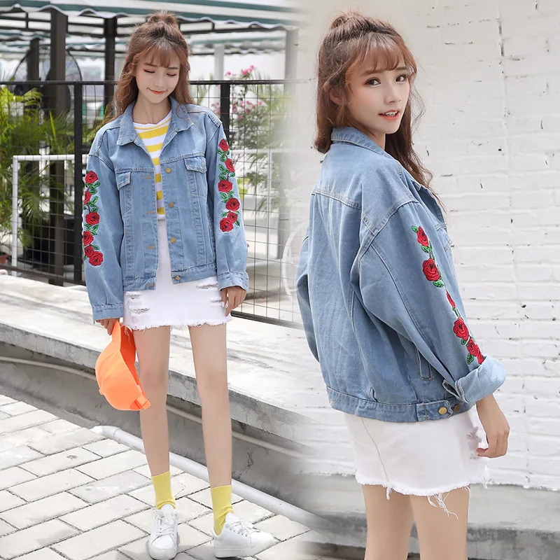 

Type Makes for an Excellent Base Harajuku BF Style Rose Embroidered Jeans Coat Women's Free