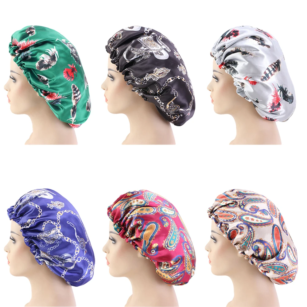 

Adjust Reversible Satin Bonnet Hair Caps Double Layer Sleep Night Cap Head Cover Hat For Curly Springy Hair Styling Accessories