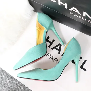 

Pumps Women Simple Thin Heel Shoes High-Heel Flock Slimming Shallow Mouth Pointed Toe Solid Color Sexy Women Fashion Shoes