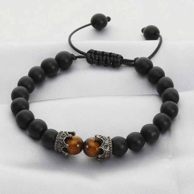 Black Lava Stone Crown Charm Tiger Eye Beads Bracelet For Men Women Braided Bracelets Handmade Adjustable Jewelry Pulseira 3
