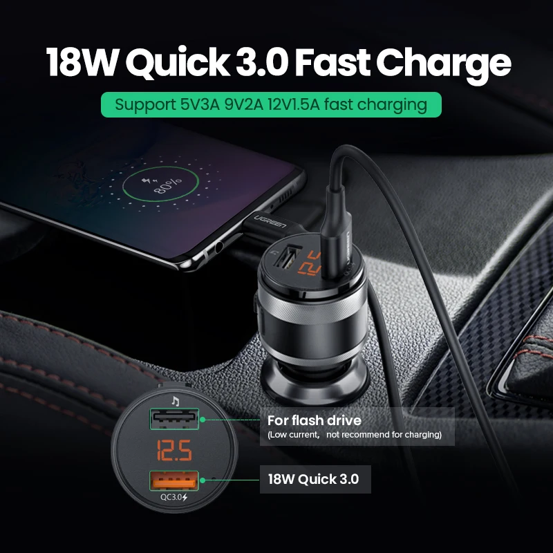 Автомобильное зарядное устройство Ugreen USB FM передатчик QC 3 0 быстрая зарядка в