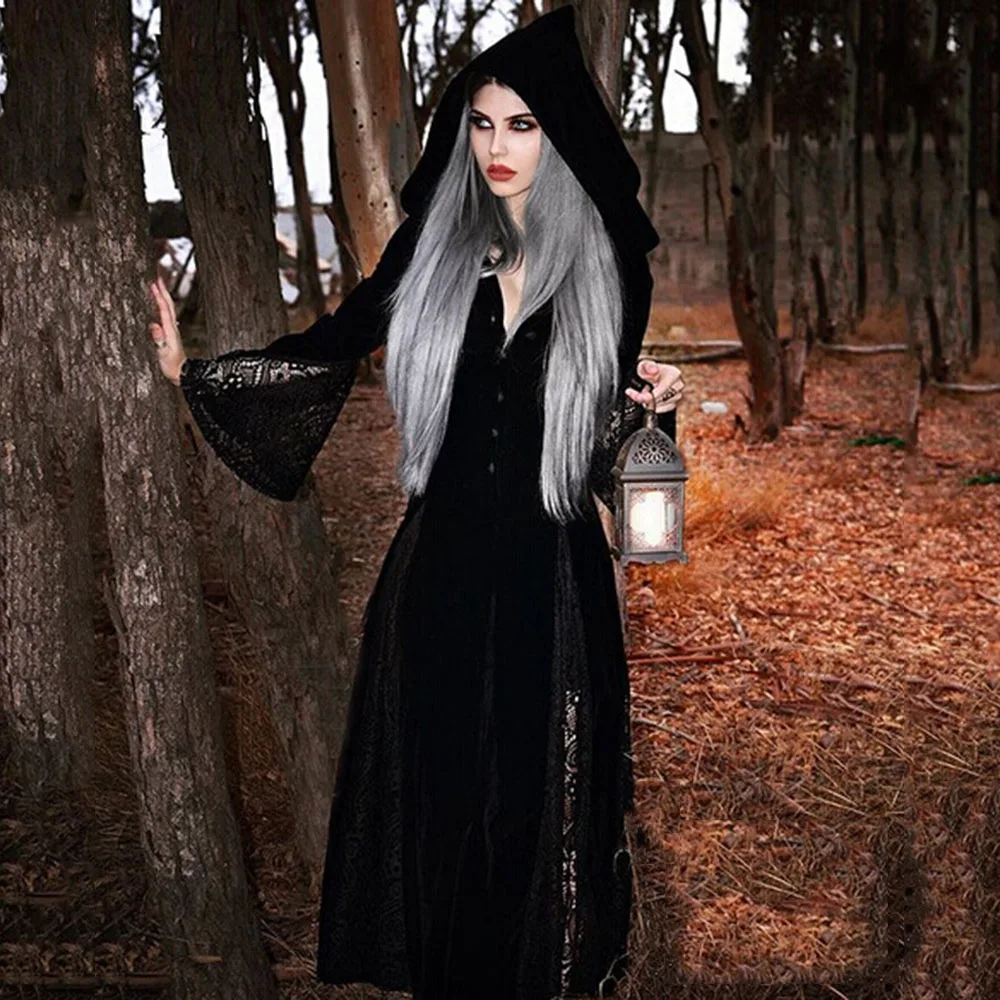 Gothic Dark Retro Hooded Trench Coat Fall Winter Sexy Perspective Lace Stitching Velvet Witch Halloween Vintage Trench Overcoats