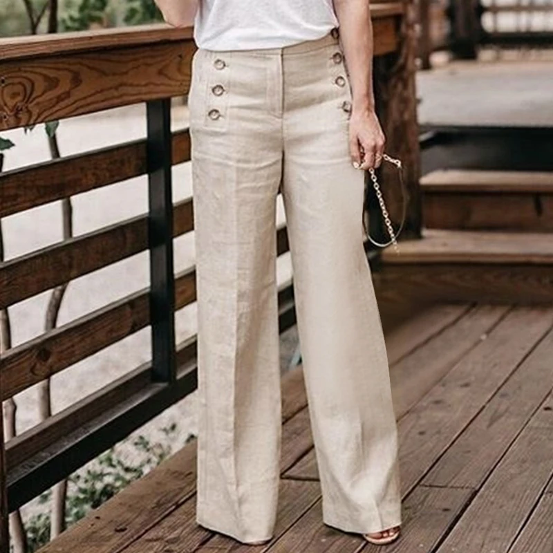 

Cotton Linen Wide Leg Trousers Women 2020 Spring Casual Loose High Waist Thin Pants Female Loose Solid Button Pants Outerwear