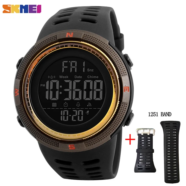 SKMEI Fashion Outdoor Sport Watch Men Multifunction Watches Alarm Clock Chrono 5Bar Waterproof Digital Watch reloj hombre 1251 Brown Gold