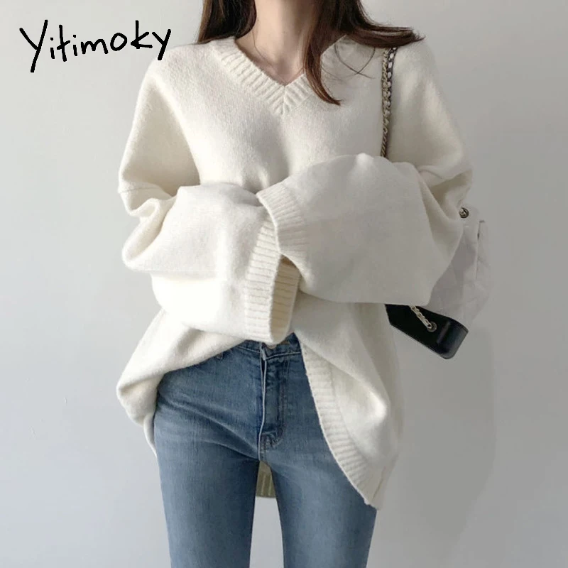 Женский трикотажный свитер Yitimoky черный и белый пуловер повседневный Свободный