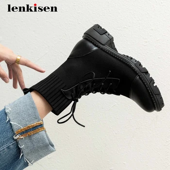 

Lenkisen knitting boots genuine leather sewing comfortable round toe thick med heel lace up classics pretty girl ankle boots L31
