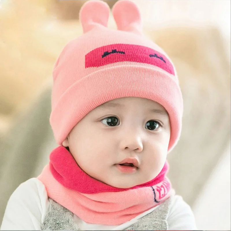 0-12 months Child baby WAutumn And Winter Knit hat infant Skull cap Warm ear protectors lovely Beanie Two-piece hat scarf Z135 - Цвет: Pink03