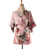 Lace Up Woman Peacock Print Japanese Kimono Yukata Silk Satin Short Style Sleepwear Home Nightgown Bath Robe Costume - Image 6