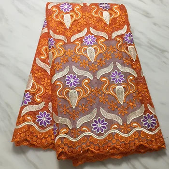 

New French Milk Silk Net Lace Fabrics High Quality orange Tulle Lace Fabric With Rhinestone For Nigerian Wedding FP1123