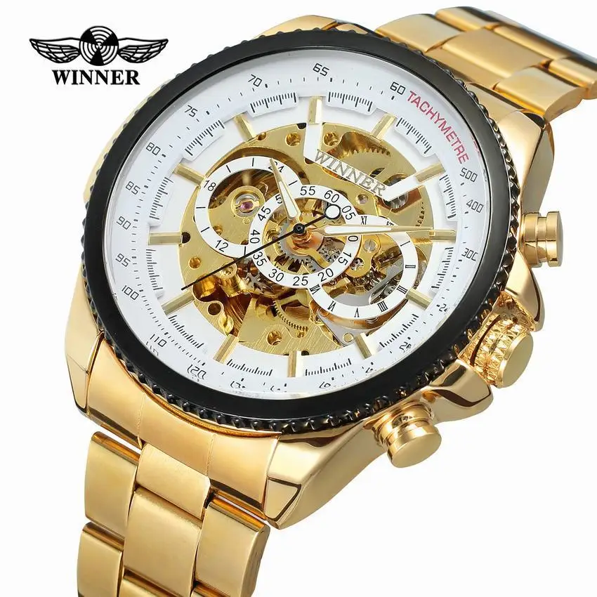 

New Style Winner Men Fashion Casual Hollow out Mechanical Movement Large Dial Gold Watch Automatic Machine Watch
