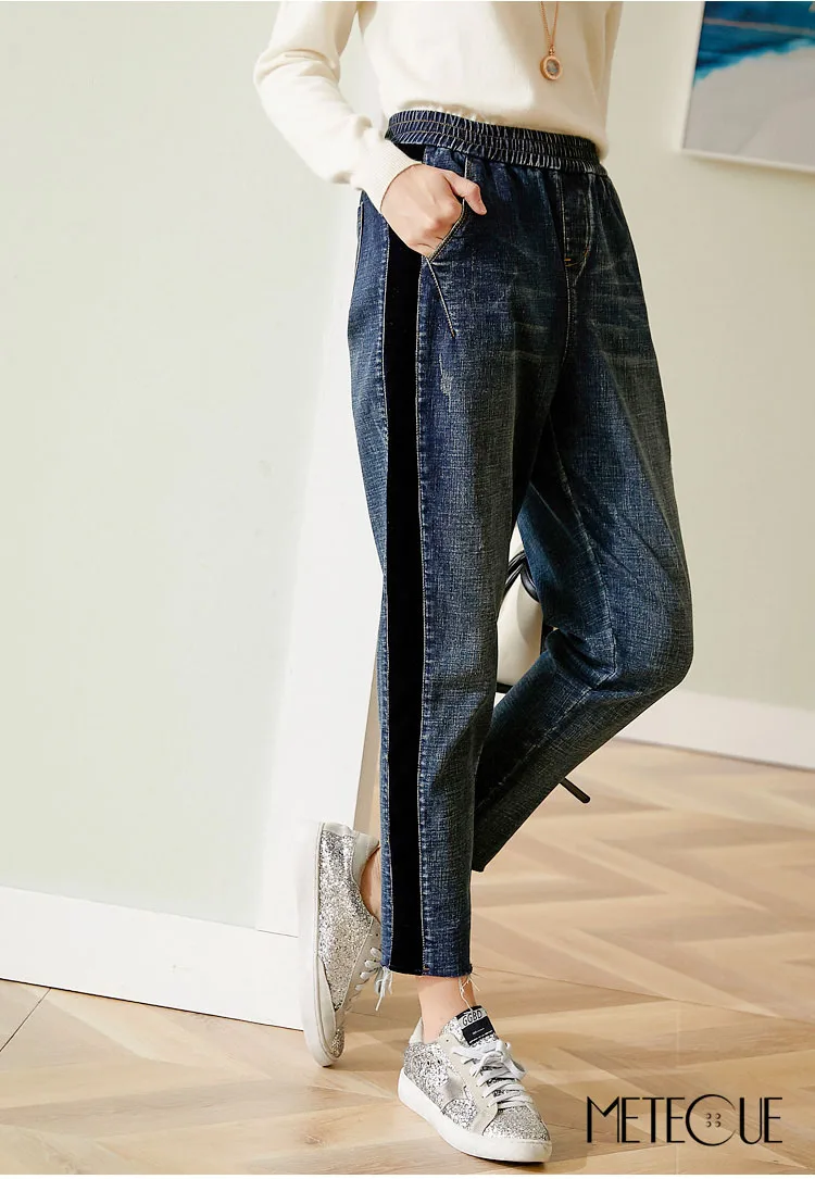 Женские штаны-шаровары с эластичной резинкой на талии, с боковой полосой,, до осени, джинсы со средней талией, женские брюки,, осень, зима