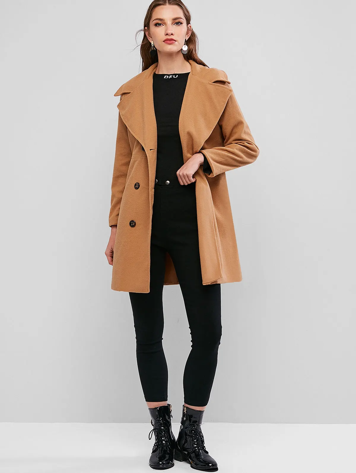 ZAFUL удлиненный карман Peacoat твердый воротник с лацканами Полушерстяное пальто с широкой талией двубортный передний карман X-long пальто для женщин