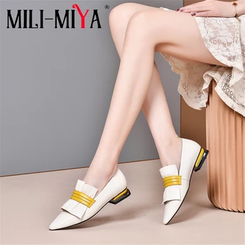 

MILI-MIYA New Arrival Women Flats Genuine Leather Slip-On Pointed Toe Mixed Colors Square Heels Office Shoes Large Size 34-41