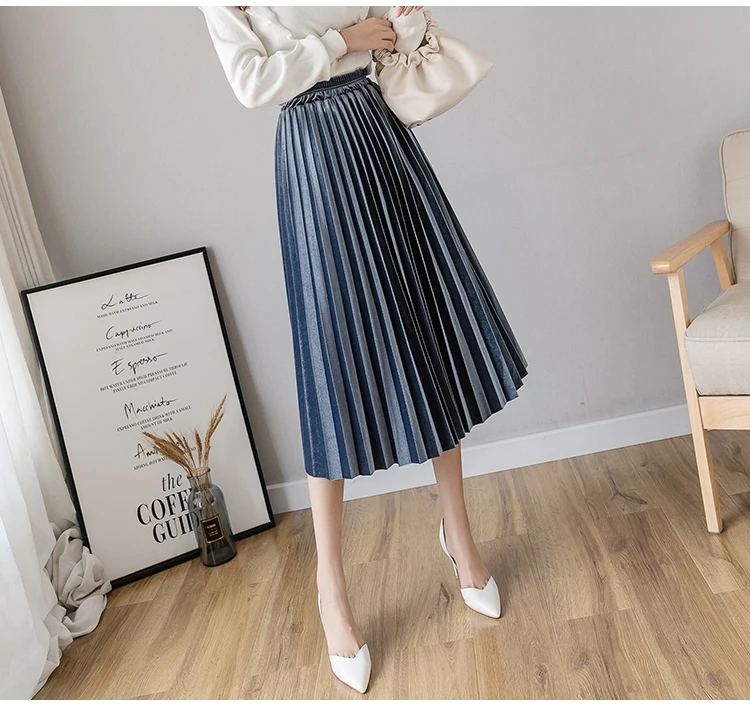 Beiyingni Autumn Winter Gold Velvet Midi Skirt for Woman High Waist Vintage Casual Pleated Skirts Womens Solid 7Colors Warm Saia