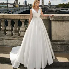Elegante Satijnen A-lijn Trouwjurk 2021 Voor Bruid V-hals Backless Lace-Up Prinses Bruidsjurken Met Trein Vestido De novia