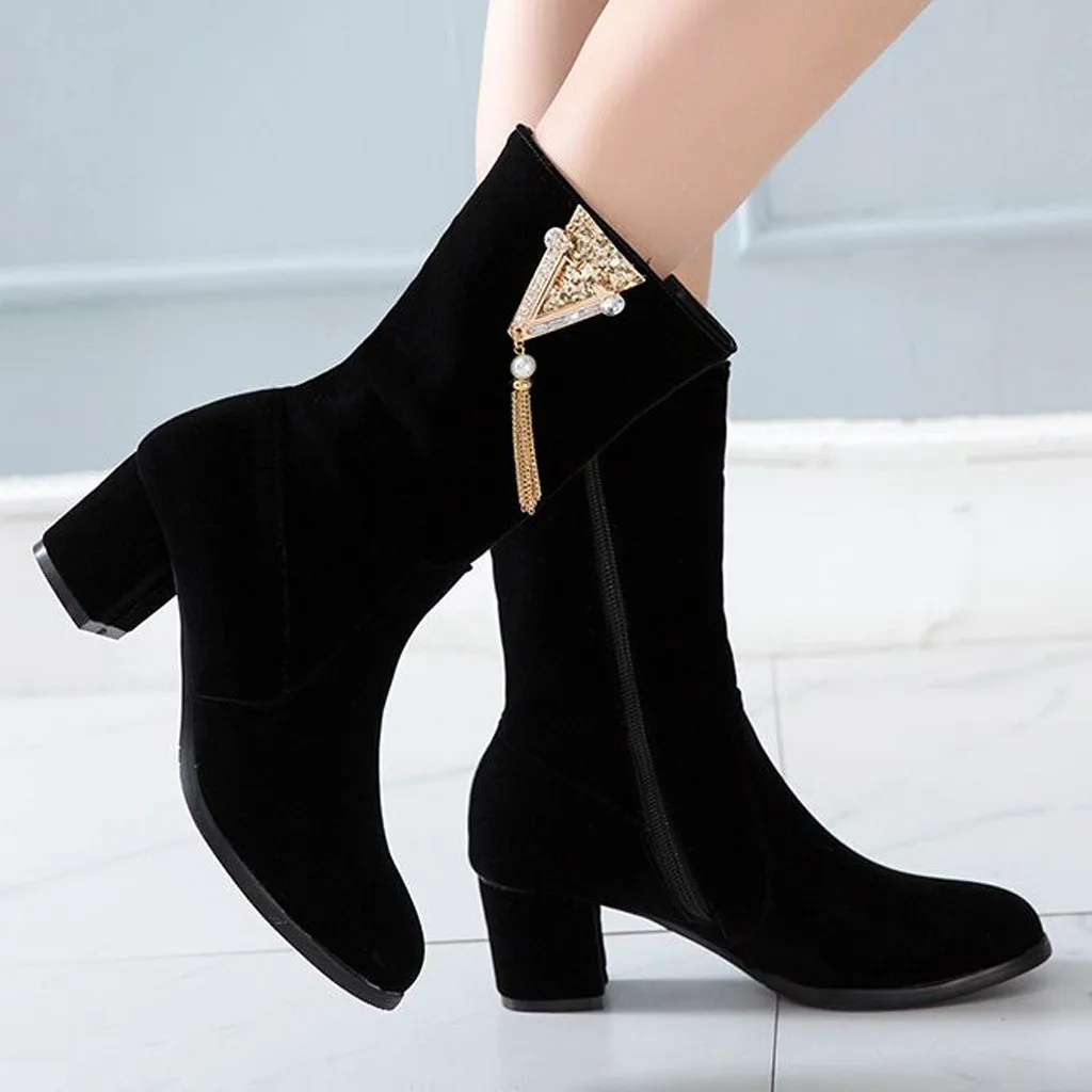 Crystal Tassel boots women Fashion Pointed Thick Heel Waterproof Platform Booties Autumn Winter Ladies Shoes bota feminina