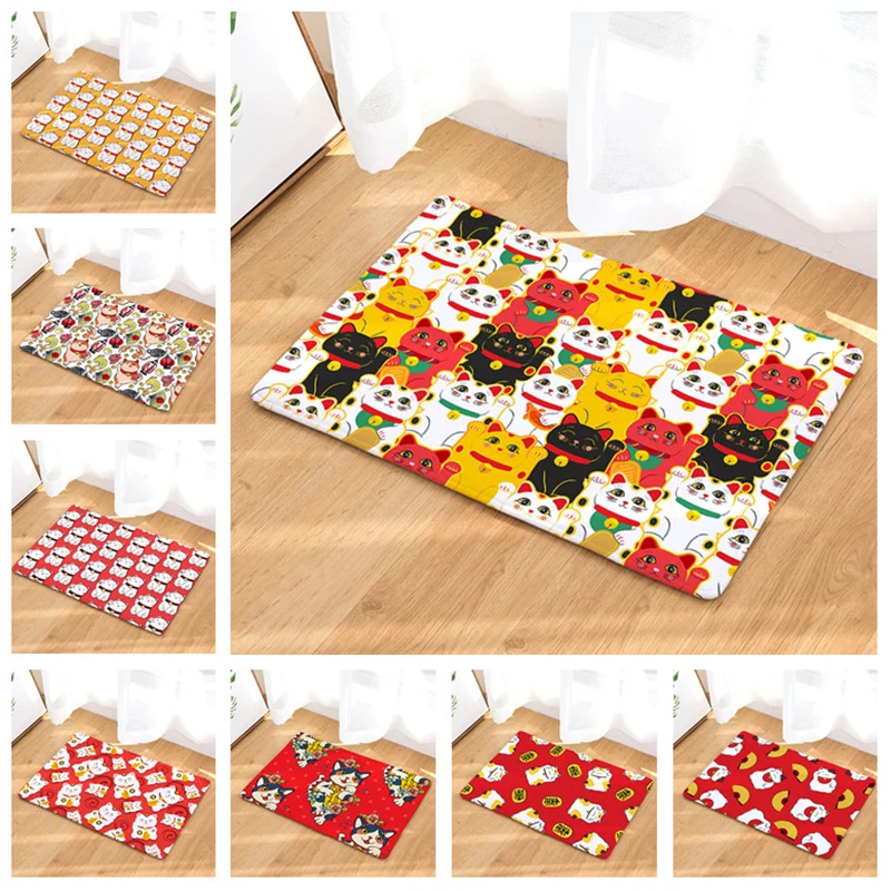 

Cute Lucky Cat Printed Kitchen Entrance Door Mat 40*60cm Flannel Carpet Doormat Colorful Indoor Floor Mats Anti-Slip Rug