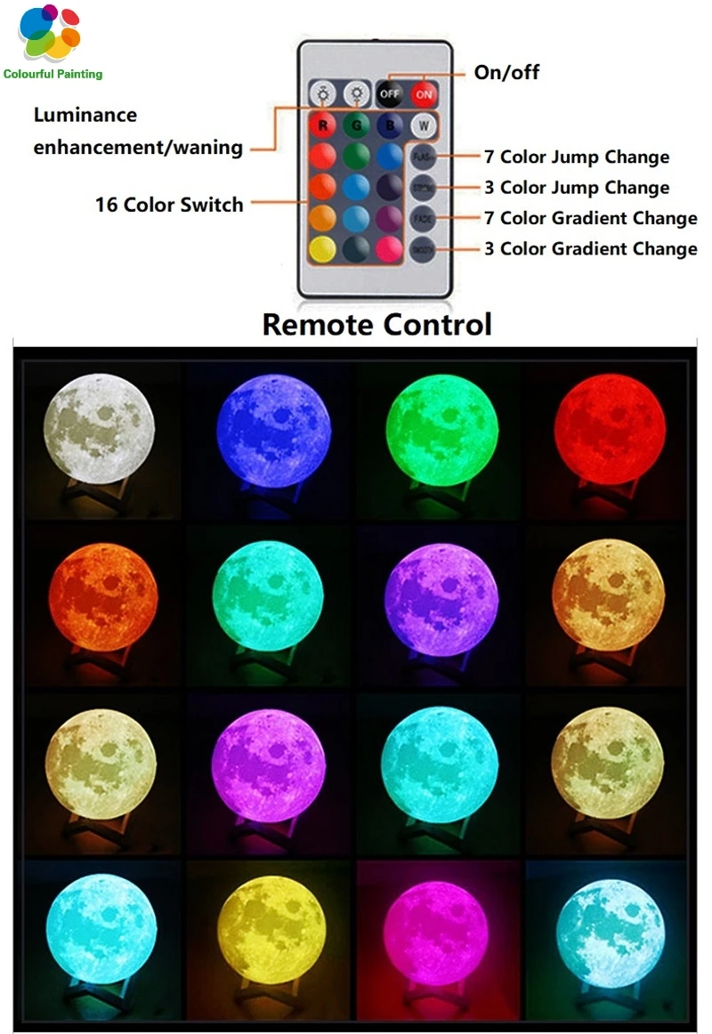 

Hot Sale 3D Print Moon Lamp LED Night Light Touch Switch Remote Control 16 Color For Bedroom Decoration Birthday Christmas Gift