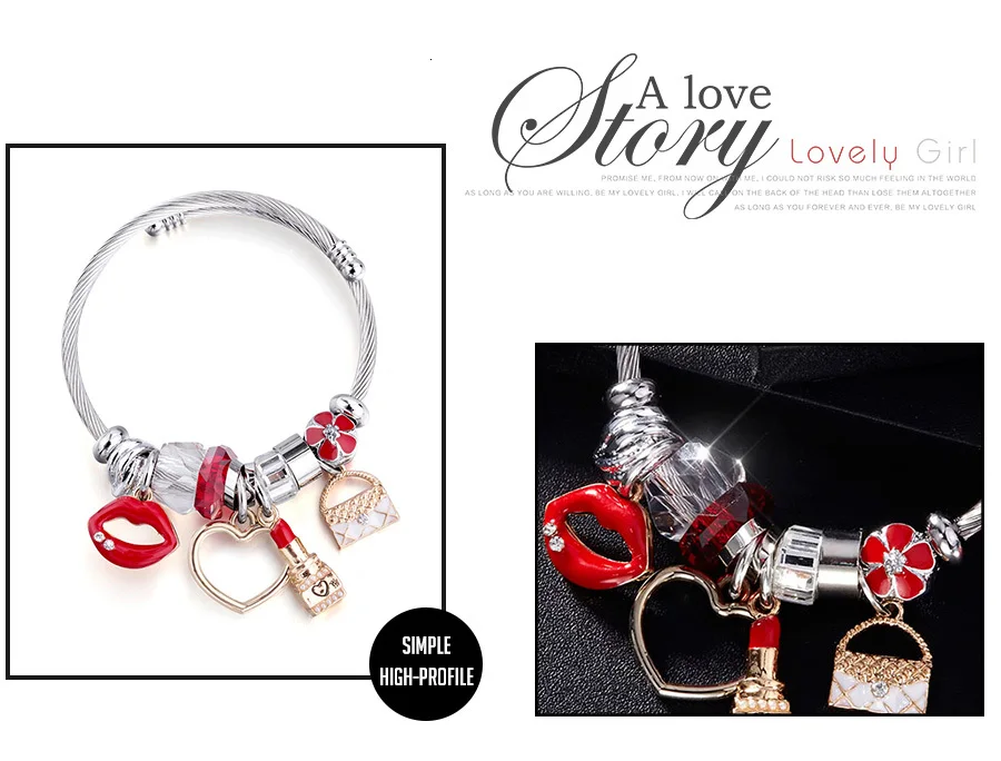 Pulsera de plata con abalorios para mujer cristal #Red-Heart Ball brazalete de labios rojos corazón grande regalo de San Valentín 