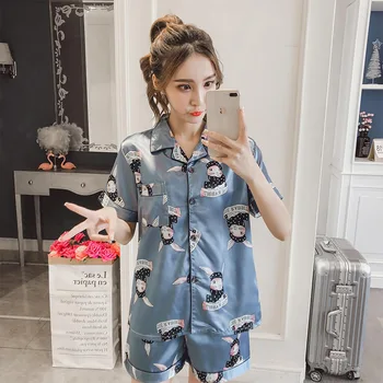 

Pajamas Set Women Summer Short-sleeved Simulation Ice Silk Thin Section Cartoon Short Pants Loose Home Service Two-piece Suit
