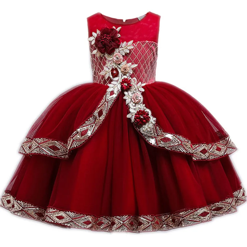 Платье с цветочным узором для девочек красное Новогоднее праздничное платье принцессы элегантное свадебное платье Детские платья для девочек, праздничное платье на день рождения Vestido - Цвет: wine red