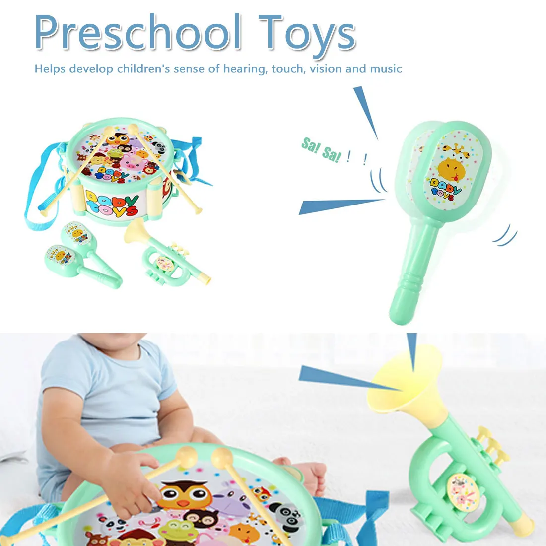 Children Instruments Toy Kit Drum Small Sand Hammer Horn Kits Baby Toys 2 Colors Early Educational Toys For Children