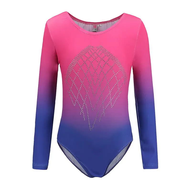 

Girls Ballet Leotard Long Sleeved Diamonds Highlights Gradient Color Body Suit Ballet Gymnastics Dance Wear Practice Clothes