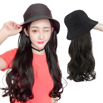 

MUMUPI Fisherman's Hat with Synthetic Hair Wig Black Brown Color Long Wavy Hair Extension with Cap Black Hat for Women