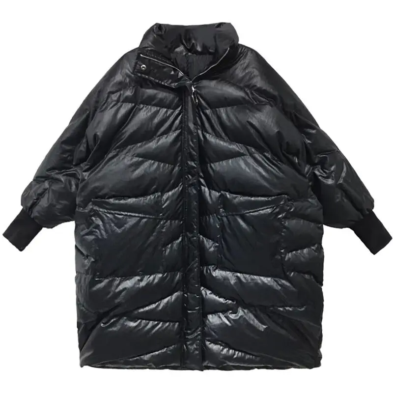 Women Black Winter Jacket New Bat Sleeve Loose Long Section Down Cotton Padded Street Style Fashion Coat Plus Size