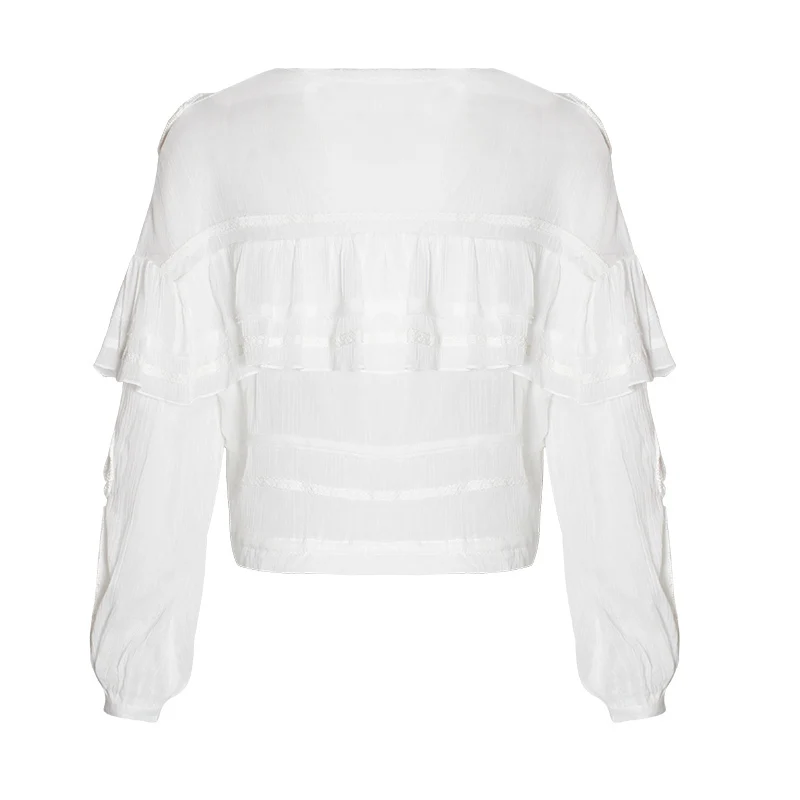 MIAOQING Ruffled patchwork shirt for women O cutouts with long sleeves and bow bandages for summer