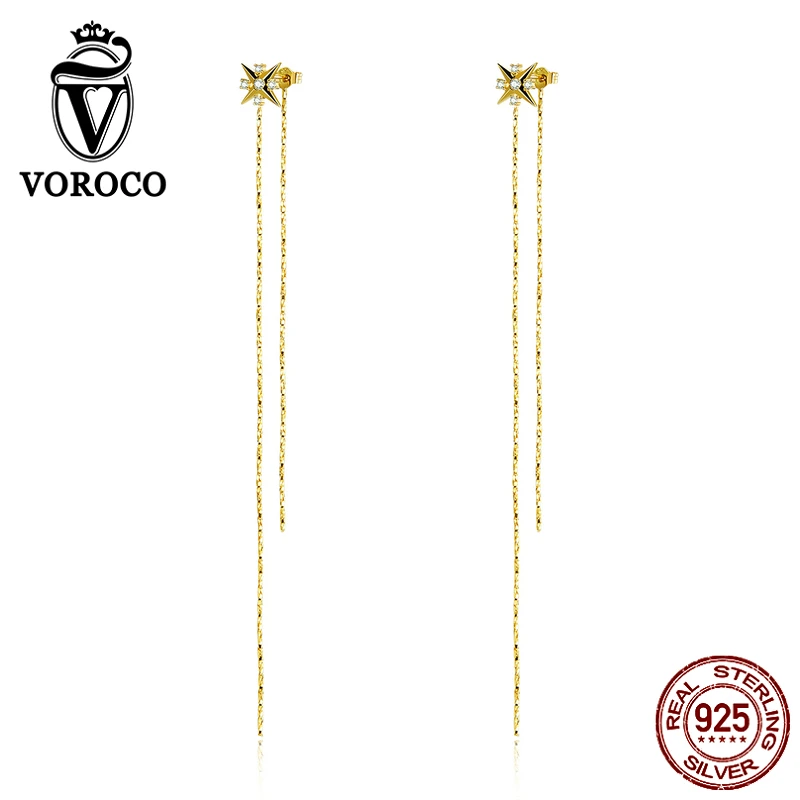 VOROCO BNE326 висячие серьги 925 пробы, серебряная, золотая звезда, длинные висячие серьги с кисточкой, хорошее ювелирное изделие для женщин, гипоаллергенный