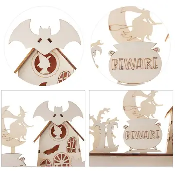

Halloween Decorations Wooden House Witch Cat with LED Light Ornaments Home Party Supplies