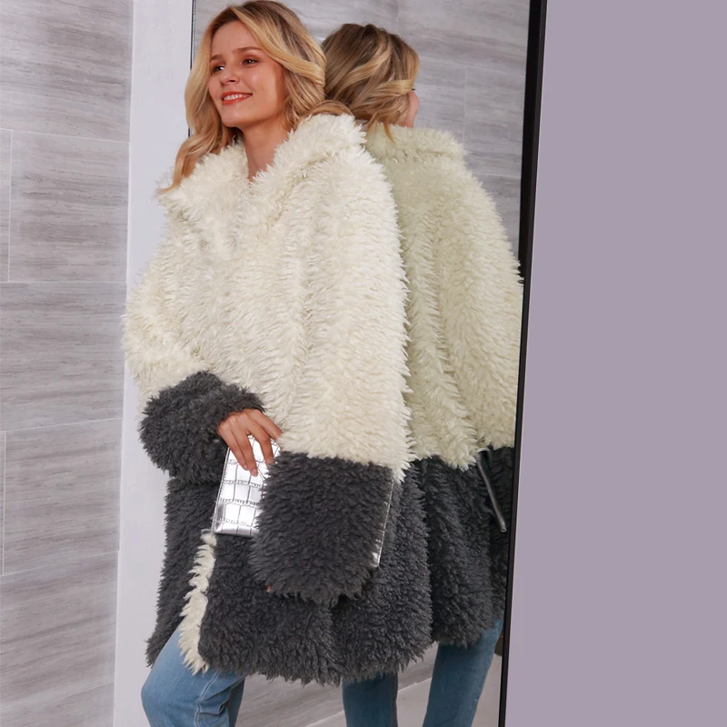 Лоскутное Женское пальто из искусственного меха, зимняя утепленная теплая тонкая меховая Шуба с длинными рукавами, верхняя одежда, элегантный Тренч, пушистая куртка