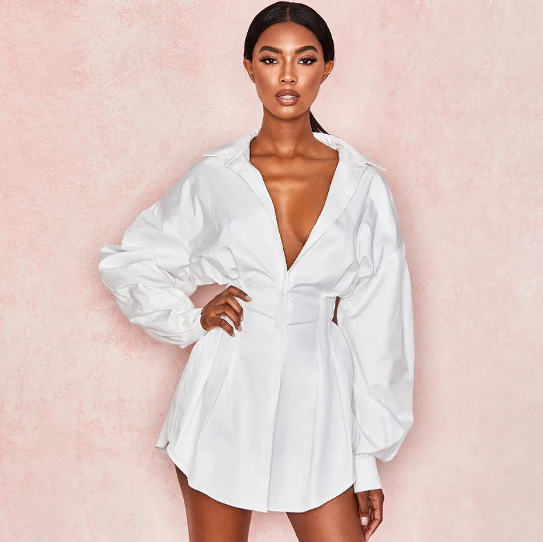 2020 Spring Office Lady Women Deep Femal Ladies Long Sleeve Deep Shirt Dress Sexy Mini Beach Dress Elegant Sexy Party Dress New