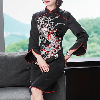 

2020 Chinese Dress For Women Cheongsam Embroidery Mandarin Collar Oriental Qipao Full Sleeve Slim Dress