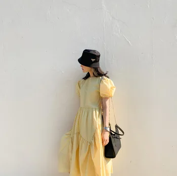 

SuperAen 2020 Summer Sweet Youthful Dresses Solid A-Line Puff Sleeve Empire O-Neck Women Dress