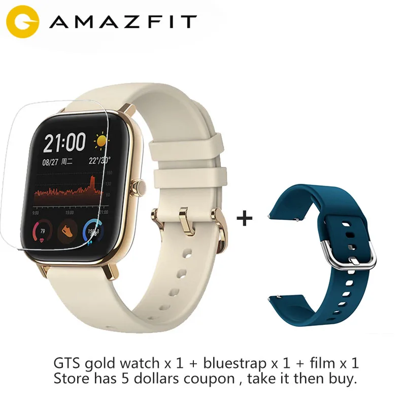 Глобальная версия Amazfit GTS Смарт-часы 1,65 дюймов AMOLED 341 ppi экран 5 АТМ 14 дней батарея gps управление музыкой - Цвет: goldw (abluestrap)