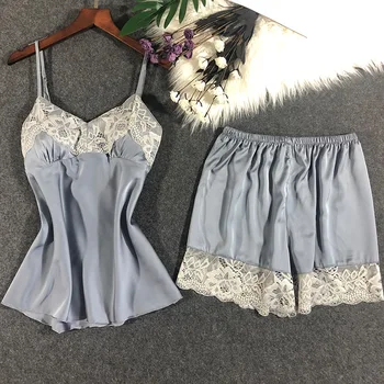 

2020 New Women Pajamas Suit Lace Intimate Lingerie Sexy Satin Strap Top&Short 2PCS Sleep Set Silky Home Clothes Nightwear